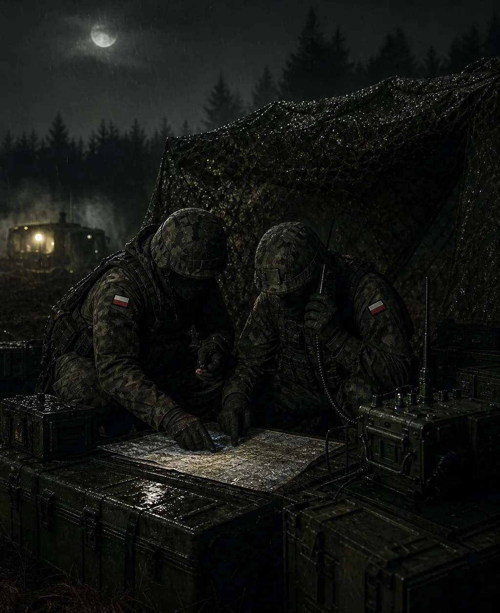 Dwóch żołnierzy Wojska Polskiego podczas nocnej odprawy nad mapą i radiostacją